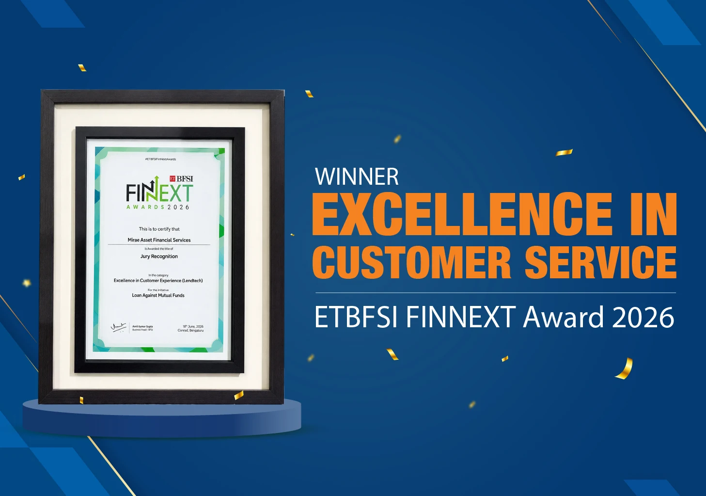 ETBFSI Finnext Award 2026 – Excellence in Customer Experience (Lendtech) awarded to Mirae Asset Financial Services for Loan Against Mutual Funds.